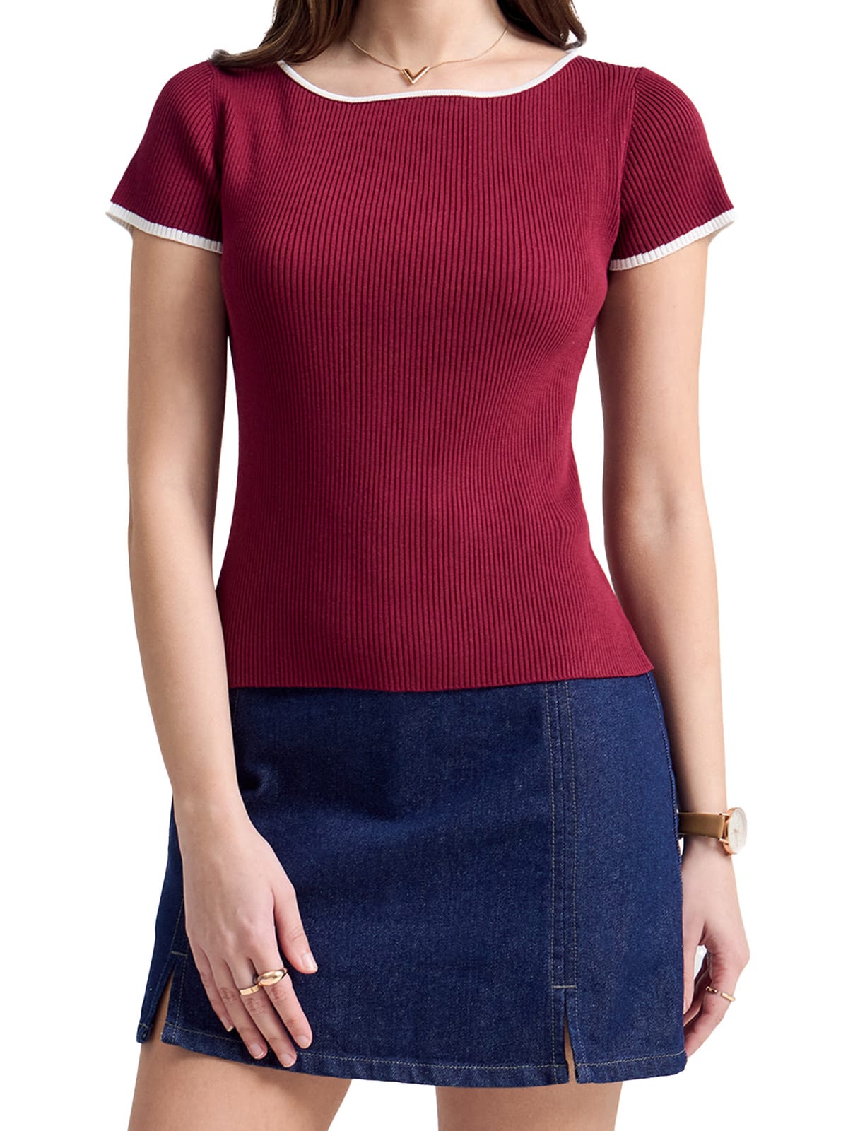 Penshoppe Slim Fit Cap Sleeve Boat Neck Top with Contrast Trimming, P999